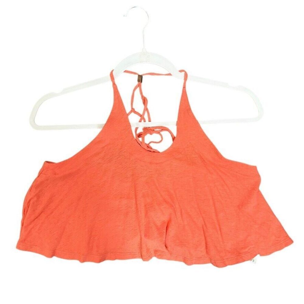 FREE PEOPLE Halter Crop Tank Top Women S Coral Orange Linen Blend Open Back Boho